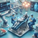 最先端の医療ロボットがデジタル技術と融合し、医療現場で活躍する未来のビジョンを示すイメージ