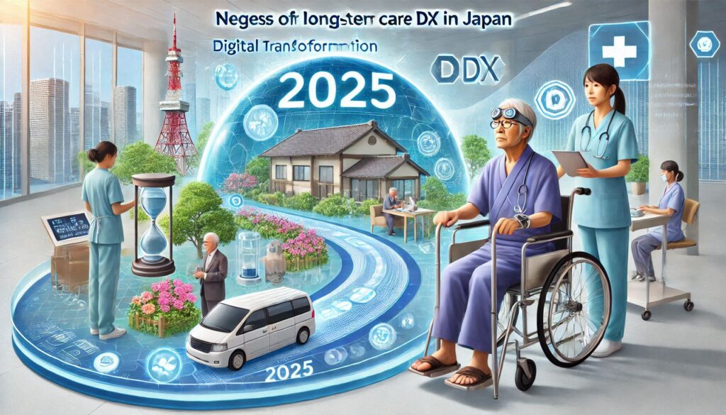 2025年の日本の介護DXを表現するイメージ：デジタルトランスフォーメーション、介護現場、施設、看護師、患者、高齢者の生活改善