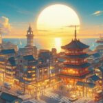 オンライン診療のイメージ：伝統的な建物と近代的な技術が融合した街並み、デジタル化された医療サービスの象徴
