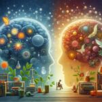 発達障害と脳科学をテーマにしたイラスト。脳の左右に異なる世界観が広がり、神経や成長の象徴が描かれている。
