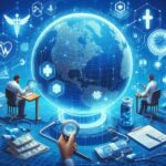 2025年の日本におけるデジタルセラピューティクス（DTx）の未来像を表すイラスト。医師や研究者がデジタル技術を活用し、グローバルな医療データと連携しながら治療を進めている様子