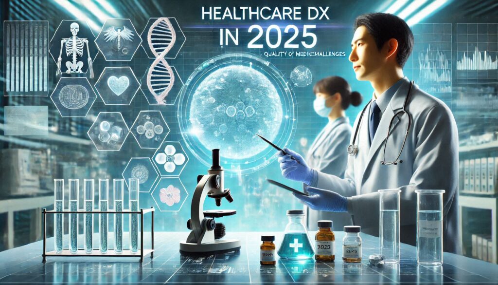 2025年のヘルスケアDXの未来を象徴する画像。医師がデジタルツールを活用して研究しており、DNAや細胞、医療データが投影されている先進的な研究室の風景