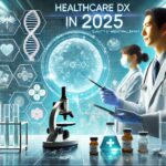 2025年のヘルスケアDXの未来を象徴する画像。医師がデジタルツールを活用して研究しており、DNAや細胞、医療データが投影されている先進的な研究室の風景