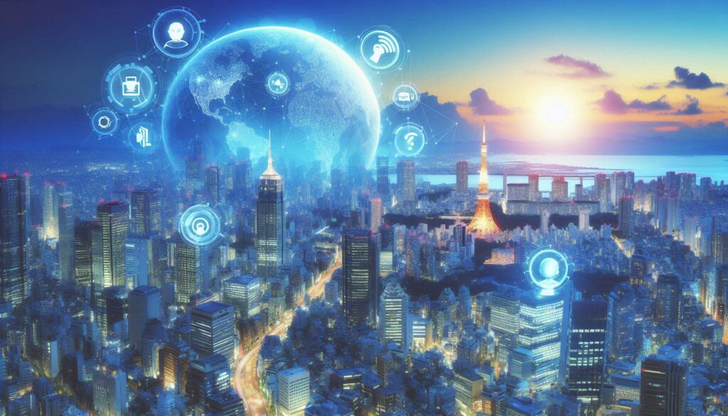 未来都市とAI・IoT技術を象徴する画像。地球とネットワークアイコンが都市の夜景の上に浮かび、情報のつながりを表現している。