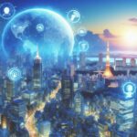 未来都市とAI・IoT技術を象徴する画像。地球とネットワークアイコンが都市の夜景の上に浮かび、情報のつながりを表現している。