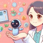 白衣を着た女性が手に可愛いロボットを持ち、背景には電子カルテや地球、医療関連アイコンが描かれ、AI技術による医療支援を象徴しているイラスト