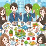 「令和6年版厚生労働白書」を象徴する、明るい未来を目指した会議の様子を描いたイラスト。中央に座るスーツ姿のメンバーが議論し、健康的な食事や資料が机に広がる。
