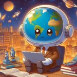 未来の都市で電子カルテを操作する地球型キャラクター：宇宙、テクノロジー、医療データの革新