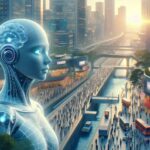 未来都市の風景の中に立つAIロボット。背後には日本の近未来的な街並みが広がり、多くの人々が行き交う様子が描かれている。