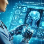 医療DXと機械学習による未来の医療。AI診断技術を活用し、デジタルデータを解析する医師の姿を描いた近未来的な医療イメージ