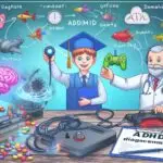 ゲームを活用したADHD治療とAIによる認知症診断の未来。医師と学生がゲームコントローラーを手に、医療アプリの活用を学ぶ様子