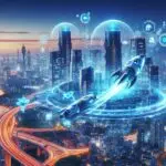 近未来の都市と医療DXの象徴として、生成AIによる医療の進化を表現したデジタルイラスト