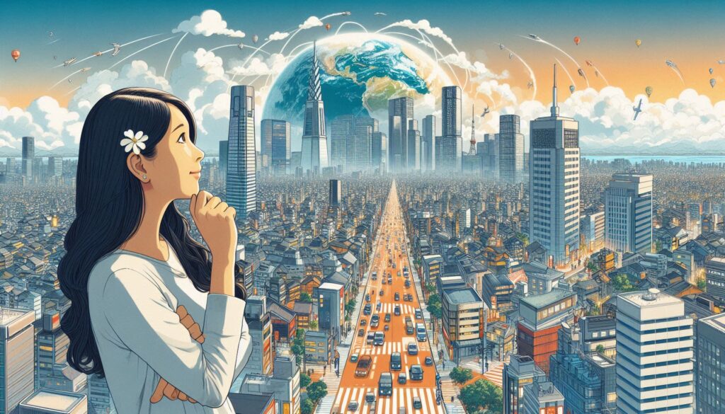 未来の都市を見つめる日本人女性。2025年の日本社会の変化と生き方について考えるイメージ