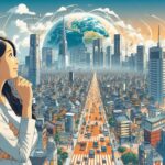 未来の都市を見つめる日本人女性。2025年の日本社会の変化と生き方について考えるイメージ