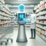 薬局内で調剤ロボットと薬剤師が連携し、AIを活用した薬剤管理を行う未来の薬局の様子