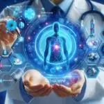 Googleの医療AI『Med-Gemini』がもたらす未来の医療イノベーション。医師がデジタル人体モデルと高度なAI技術を活用する様子を描いた未来的な医療イメージ