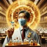 漢方医学の未来を象徴するイメージ。研究者が最先端技術を活用し、伝統と革新を融合させた新しい医療の可能性を探る。