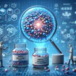 生成AIを活用した低分子医薬品の研究と創薬プロセスを表現する未来的な医療イメージ