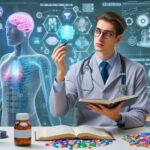 薬学部の学生が、未来の薬剤師のスキルとして生成AIを活用する様子を示したデジタルイメージ。バーチャル人体モデルと薬に関するデータを解析する医学生の姿