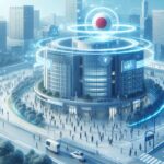 未来の都市にそびえ立つ病院ネットワークの中心施設。デジタル技術とAIが医療インフラを支え、スマートシティの一部として統合されている様子を描いたイメージ