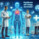 医師たちがAIエージェントを活用し、人体の診断を行う未来の医療システムを表すデジタルイメージ