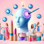 AI技術を活用した美容・化粧品業界の未来を象徴するイラスト。スキンケア、メイクアップ、パーソナライズ化を可能にするAIエージェントのイメージ