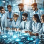 研究室で医師や科学者のチームがAI技術を活用し、未来の医療について議論している様子。Google Co-Scientistによる医療革新の可能性を象徴するイメージ