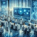 創薬AIラボで研究者たちが大規模言語モデル「Tx-LLM」や「TxGemma」を活用して分子構造や医療データを解析する未来的なシーン