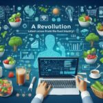AIとデータ解析を活用した食品業界の最新技術。スマート農業、食品ロス削減、栄養管理のイノベーションを示す未来的なデジタルフードシステムのビジュアル