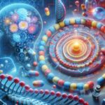 ジェネレーティブAIを活用した創薬の未来を表現するイメージ。人の脳とDNA、分子構造がデジタル技術と融合し、新たな医薬品が生成される様子を描いている。