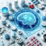 生成AIと医療の融合を象徴する、脳のデジタルイメージと多数の医薬品や医療機器が並ぶ近未来的なイラスト