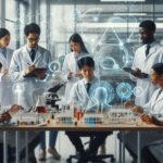 AI創薬と漢方薬研究を行う多国籍の科学者チームが、研究室でデジタル解析と試験管を用いた実験を進めている様子