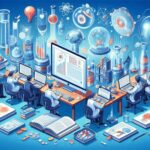薬学研究室でAIとビッグデータを活用し、分子構造やマテリアルズ・インフォマティクスに取り組む研究者たちの未来的な教育現場