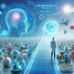 AI技術と創薬・DDS研究を象徴する未来的な実験室のイラスト。分子構造、薬剤、脳やウイルスのイメージが浮かぶ中、研究者が進む姿が描かれている。