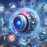 未来都市を背景に、医療AIと関連する技術アイコンが集まる中心にある人工知能の目を象徴する球体装置のイメージ