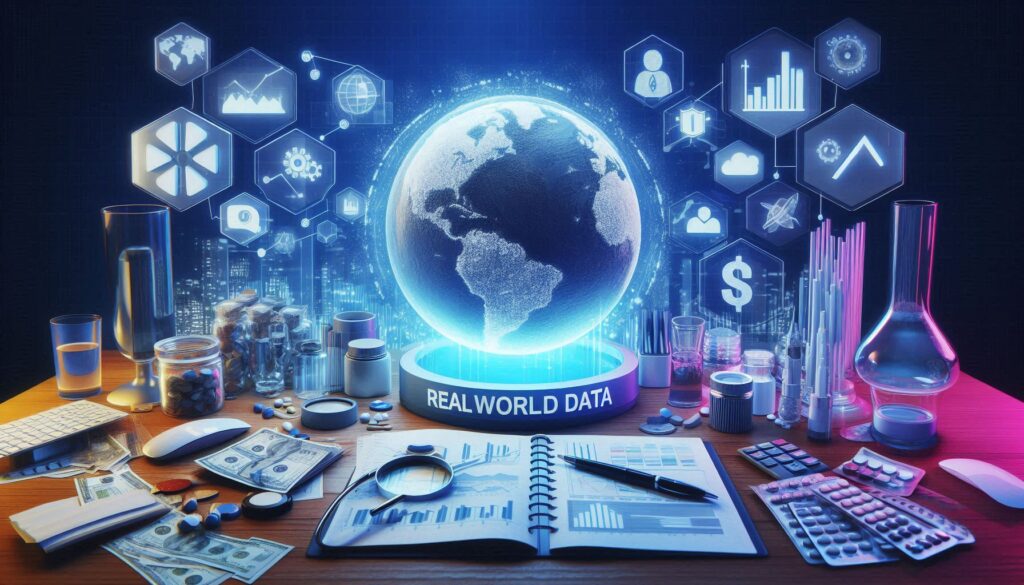 リアルワールドデータ（RWD）を象徴する地球儀と医薬品・統計アイコンが並ぶ未来的な研究デスクのイメージ