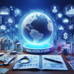 リアルワールドデータ（RWD）を象徴する地球儀と医薬品・統計アイコンが並ぶ未来的な研究デスクのイメージ
