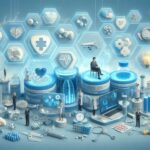 医療データの二次利用を象徴する未来的なイメージ。電子カルテ、診療情報、製薬企業の活用を表現