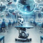 最先端の手術室で医療ロボットが活躍し、医師や看護師がコンピュータを操作する未来的な医療テクノロジーのシーン