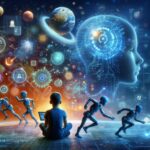 未来的な風景の中、子どもとAIロボットが宇宙と脳を象徴するビジュアルのもとで共に学ぶ様子を描いたイラスト