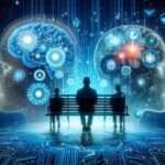 ベンチに座る人々と、左右に浮かぶAIと脳を象徴するデジタルな人間の頭部と歯車、精神医療と生成AIの融合を象徴するイメージ