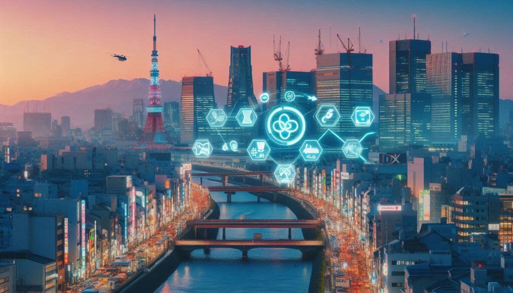 日本の都市夜景に浮かぶ医療DXと日本語LLMの象徴的なインフォグラフィック