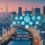 日本の都市夜景に浮かぶ医療DXと日本語LLMの象徴的なインフォグラフィック