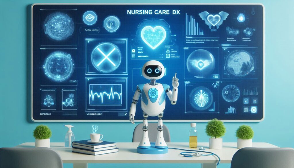 介護DXを象徴するAIロボットと医療データパネル、テクノロジーで支える未来の介護現場