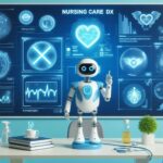 介護DXを象徴するAIロボットと医療データパネル、テクノロジーで支える未来の介護現場