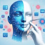 AIと人間の顔が融合したマスクに医療用手袋の手が触れ、審美技術と人工知能の融合を象徴する未来的なビジュアル