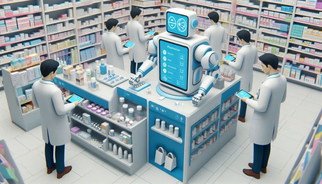 調剤ロボットと薬剤師が連携して作業する薬局内の様子。タブレット操作とロボット支援によるデジタル化が進む。