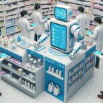 調剤ロボットと薬剤師が連携して作業する薬局内の様子。タブレット操作とロボット支援によるデジタル化が進む。