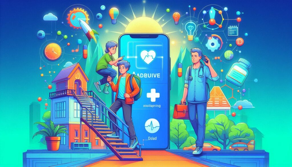 スマートフォン上で表示された医療アプリを囲む医師と子どもたち。ADHD治療薬とデジタル治療の未来を象徴するイラスト