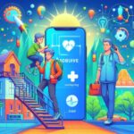 スマートフォン上で表示された医療アプリを囲む医師と子どもたち。ADHD治療薬とデジタル治療の未来を象徴するイラスト
